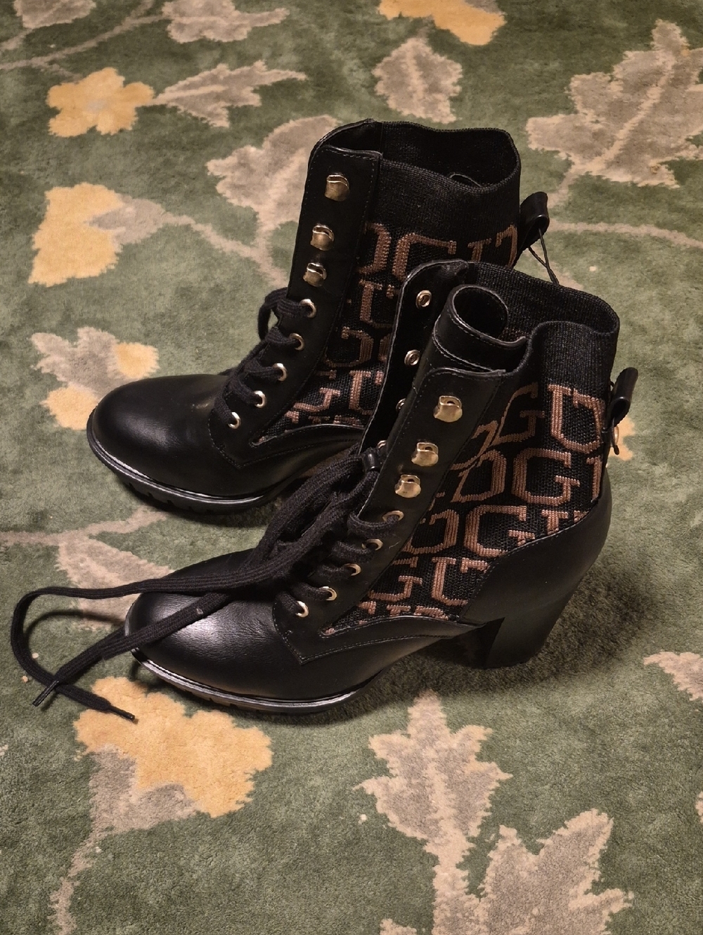 Guess Black Lace-Up Ankle Boots with Brown Logo Knit